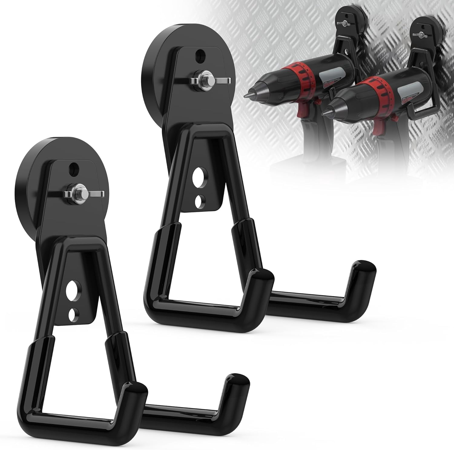 JJEAN-2 Pack Heavy Duty Magnetic Hooks, Large Strong Magnet Hooks with Anti-Slip Rubber Coating, No Drill Magnetic Tool Hanger for Garage, Workshop, Tool Cart and Garden Tools Organization(Black)