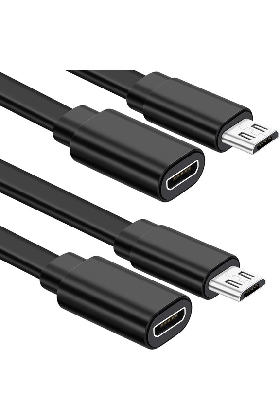 -2 Pack Micro USB Extension Cable 10 ft/ 3 Meters Male to Female Extender Cord Compatible with Wireless Security Camera Flat Power Cable, Cable Clips Included (Black)