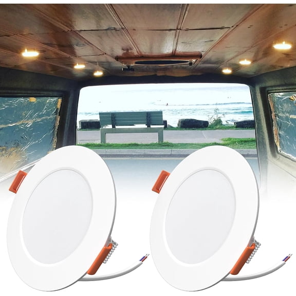 JJEAN-2-Pack RV Recessed LED Ceiling Lights 12V 3, Ultra Thin Puck Lights 3W 3000K Dimmable RV Lights Interior for Camper Lights Cargo Trailer Under Cabinet Van Boat