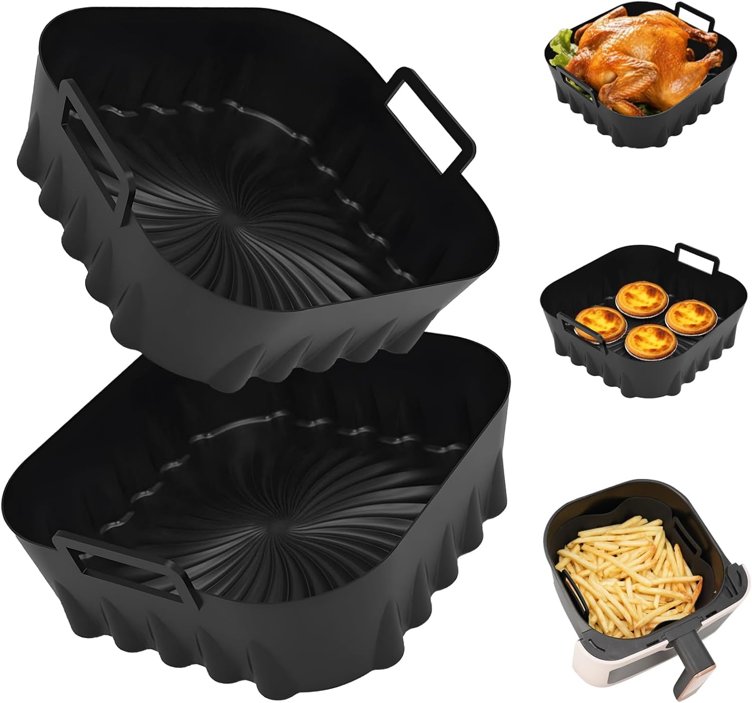 JJEAN-2 Pack Silicone Air Fryer Liners,7.8 Inch Reusable Air Fryer Basket for 4-7 QT Air Fryers,with Handles,Non-Stick,Food Grade Silicone Tray,Replacement for Parchment Paper – Oven Microwave Safe