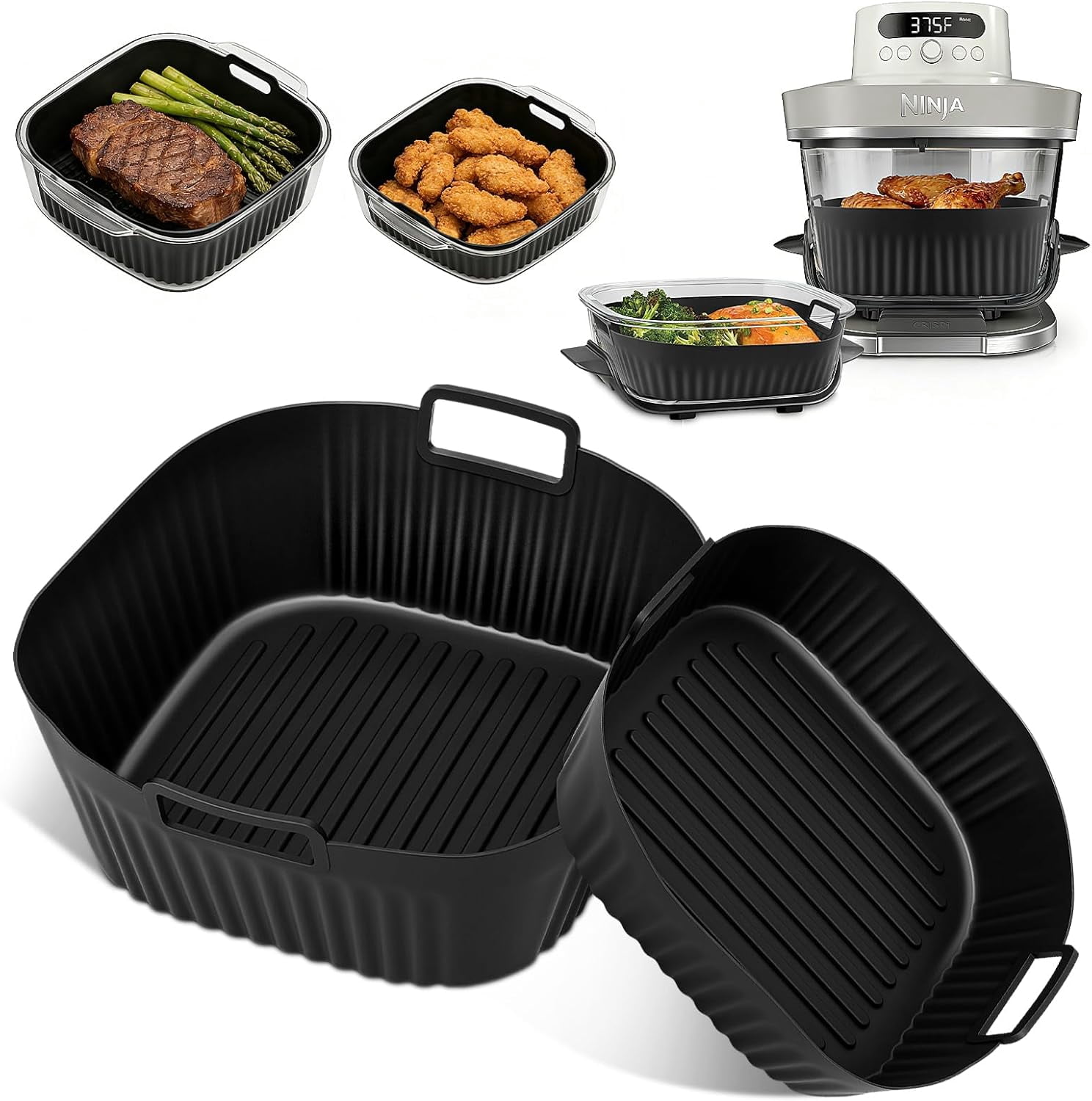 JJEAN-2 Pack Silicone Air Fryer Liners for Ninja Crispi Pro AS101CY - Reusable Non-Stick Square Silicone Mats for 6 QT & 2.5 QT Glass Container, Air Fryer Baskets Liners, Dishwasher Safe