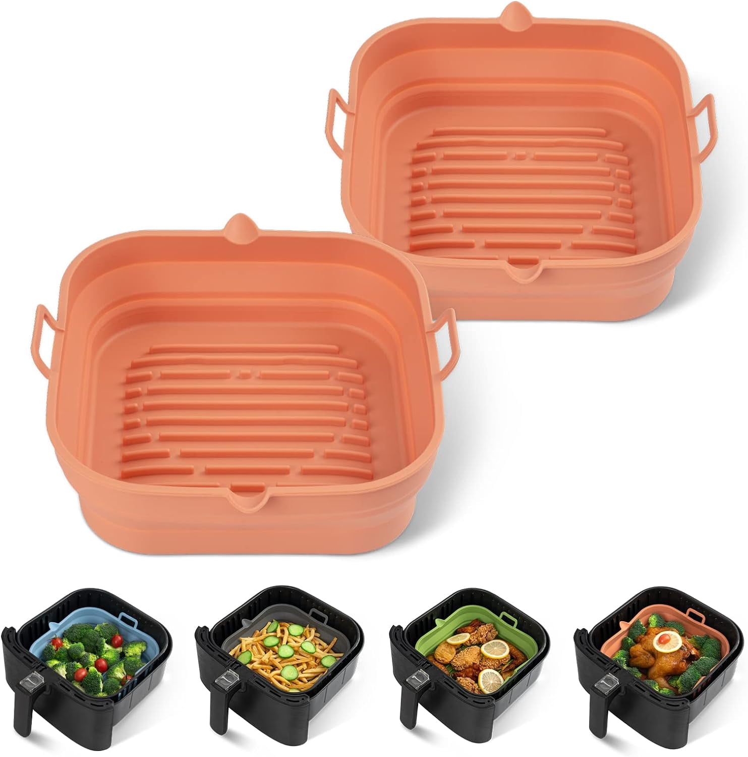 JJEAN-[2 Pack] Silicone Air Fryer Liners Square - Reusable Airfryer Basket - Easy to Clean Air Fryers Pot for 5.8 to 8 Qt Large Air Fryer Baking Tray Oven Accessories, 8.5 Inch