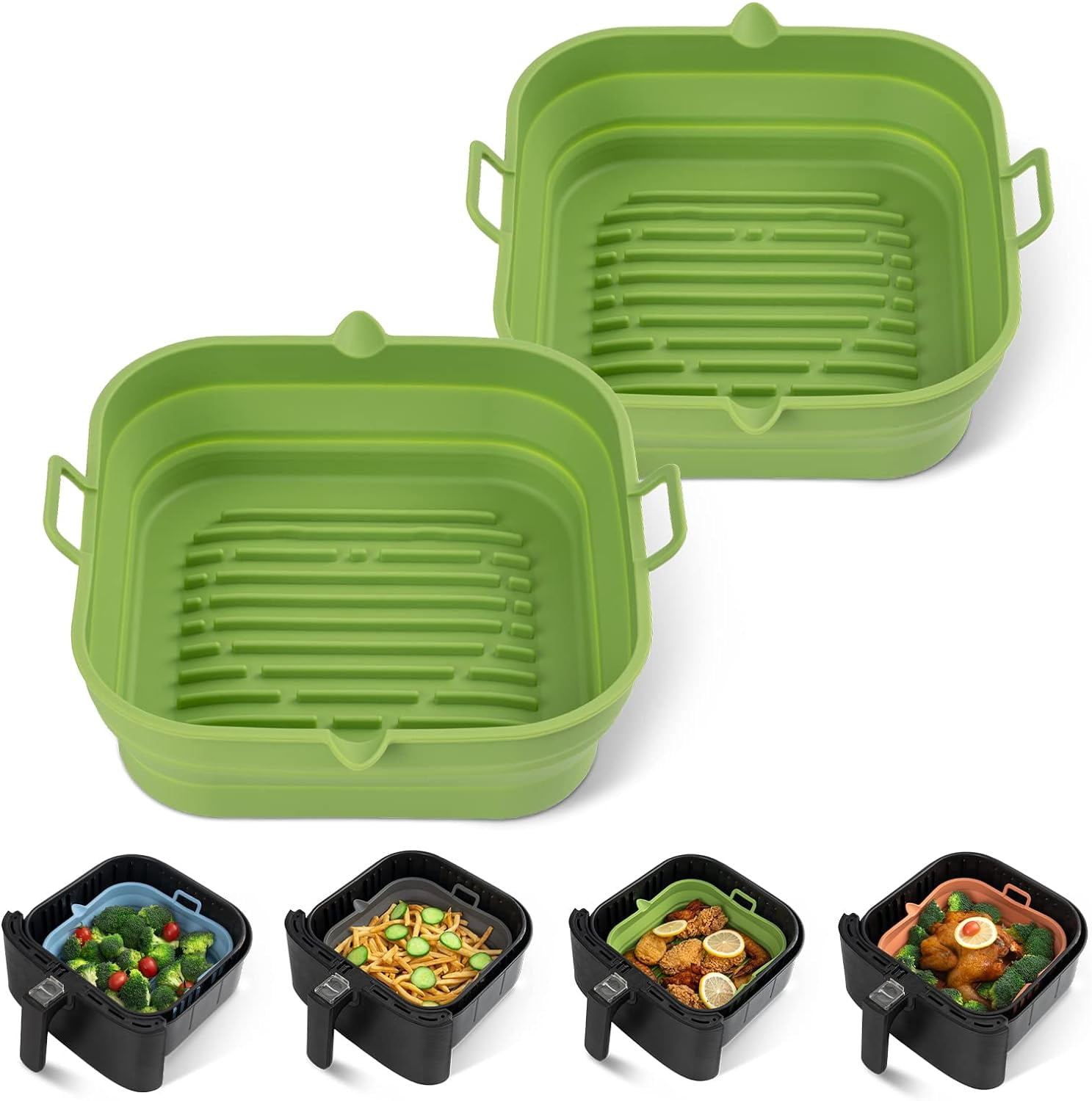 JJEAN-[2 Pack] Silicone Air Fryer Liners Square - Reusable Airfryer Basket - Easy to Clean Air Fryers Pot for 5.8 to 8 Qt Large Air Fryer Baking Tray Oven Accessories, 8.5 Inch