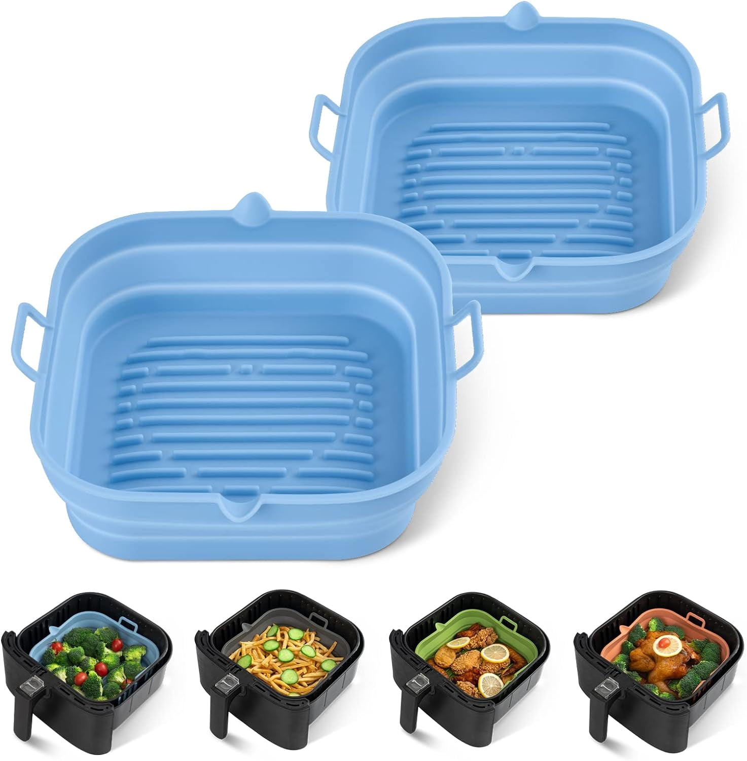 JJEAN-[2 Pack] Silicone Air Fryer Liners Square - Reusable Airfryer Basket - Easy to Clean Air Fryers Pot for 5.8 to 8 Qt Large Air Fryer Baking Tray Oven Accessories, 8.5 Inch