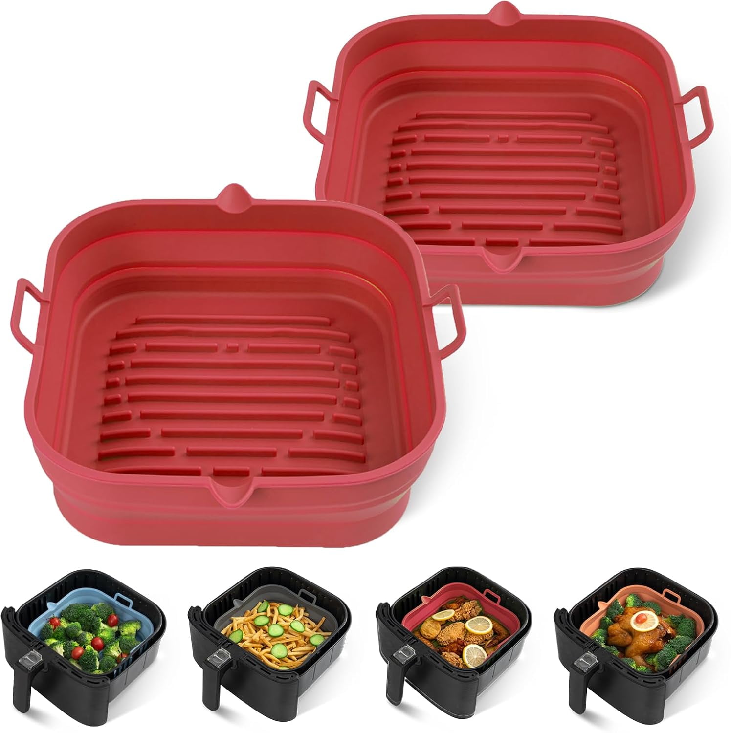 JJEAN-[2 Pack] Silicone Air Fryer Liners Square - Reusable Airfryer Basket - Easy to Clean Air Fryers Pot for 5.8 to 8 Qt Large Air Fryer Baking Tray Oven Accessories, 8.5 Inch