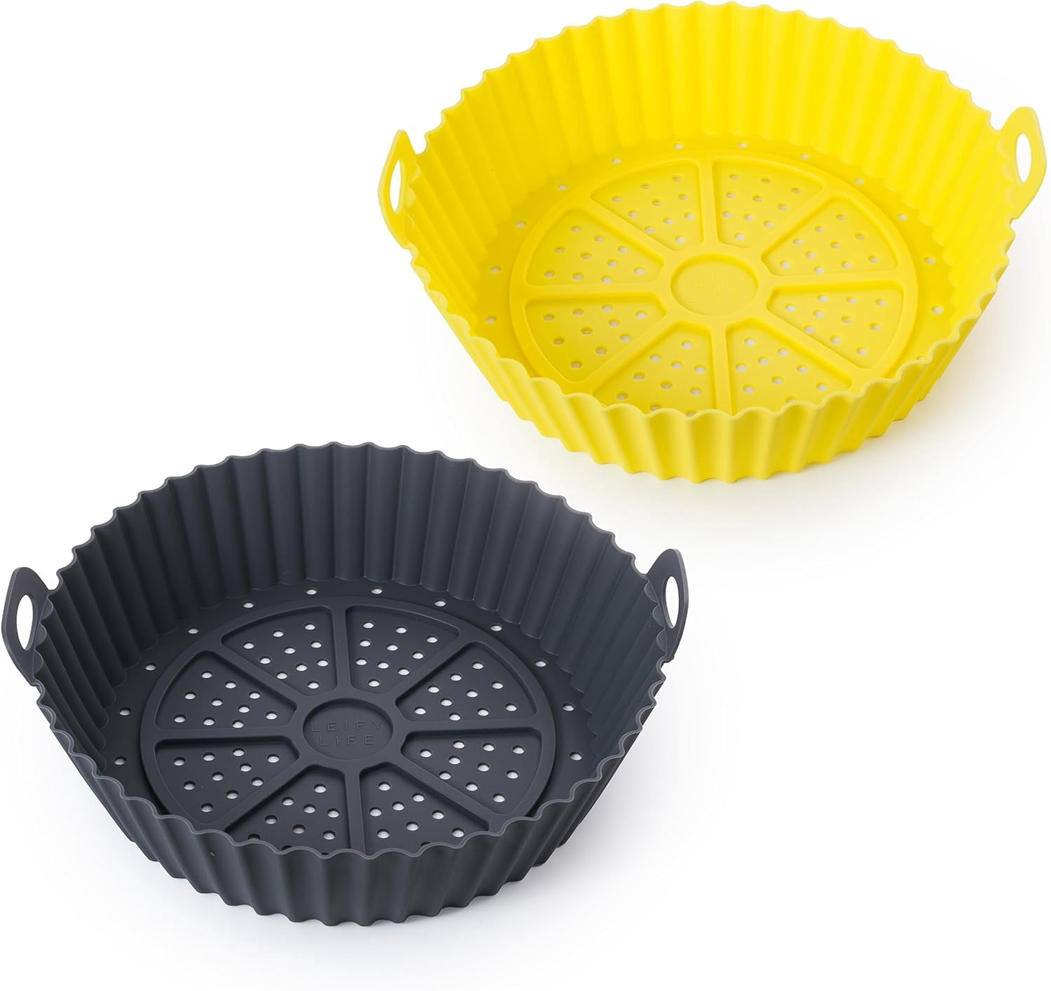 JJEAN-2 Pack Silicone Round Air Fryer Basket Liner Tray With Handles & Holes, 360° Circulation, Washable, Food Safe, BPA Free, Replace Parchment Paper, Easy Cleaning (Gray & Yellow, >6.8QT)