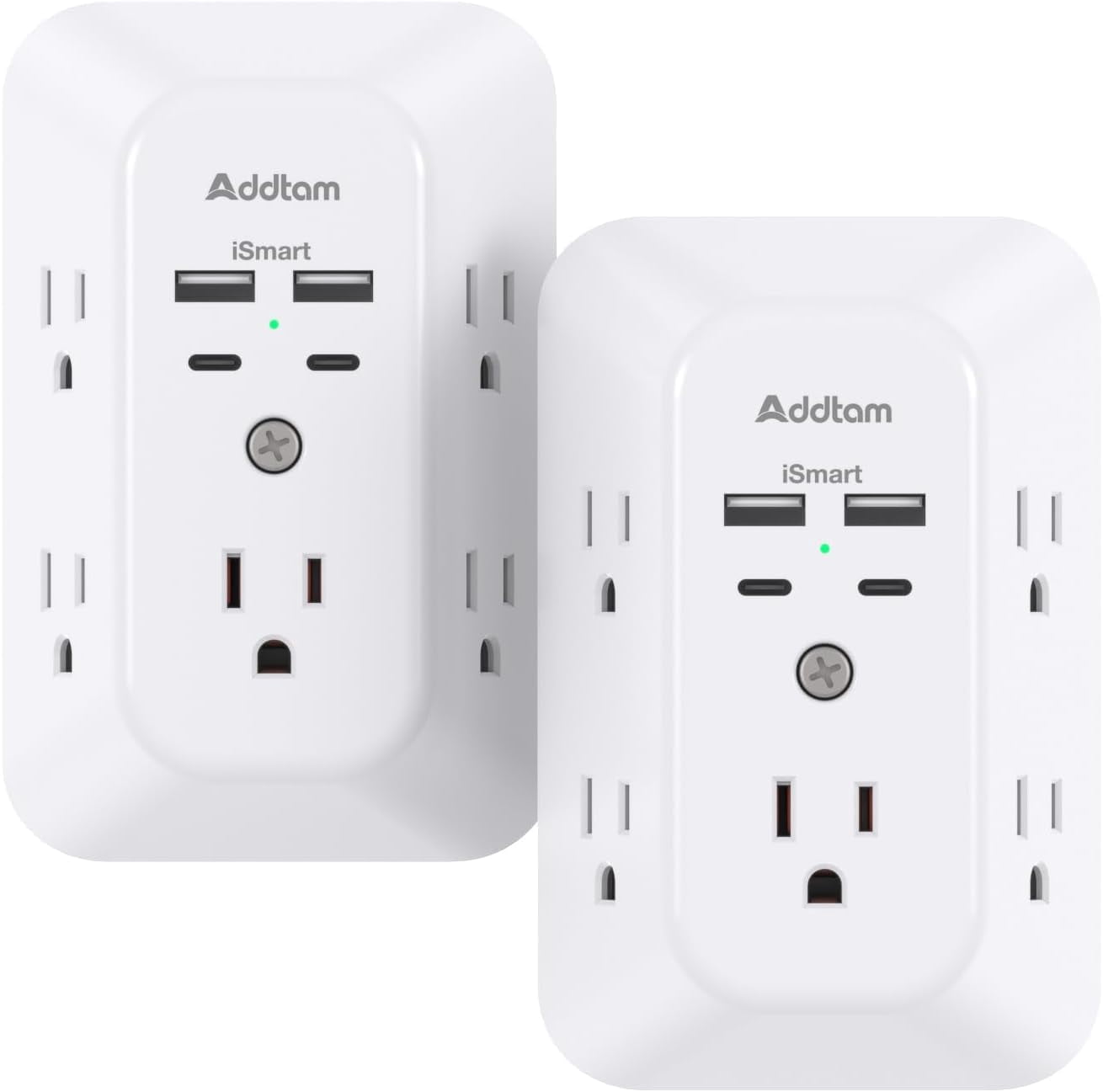 JJEAN-2 Pack Surge Protector Outlet Extender - 5-Outlet Splitter with 4 USB Wall Charger(2 USB-C Ports), Multi Plug Outlet Power Strip for Home, Dorm Room Essentials