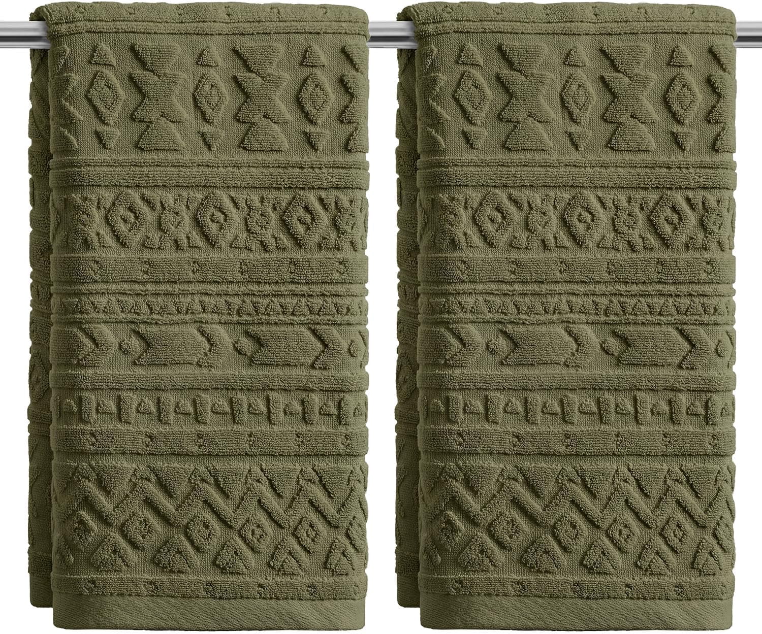 JJEAN-2 Pcs Olive Green 3D Geometric Design Jacquard Hand Towels for Bathroom, Cotton Soft Absorbent Bathroom Decor Towels, 13.7 x 29.5 Inch