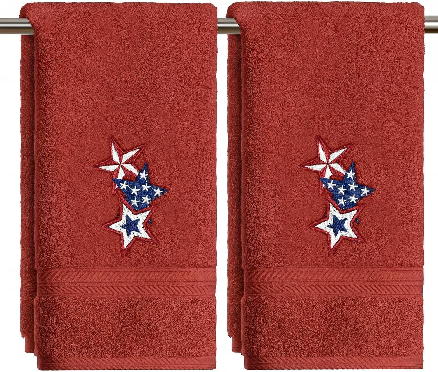 JJEAN-2 Pcs Red Star 4th of July Embroidered Hand Towels for Bathroom, 100% Cotton Soft Absorbent Farmhouse Decor Towels, 13.7 x 29.5 Inch