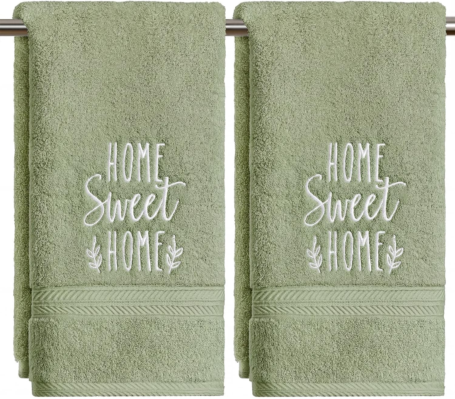 JJEAN-2 Pcs Sage Green Home Sweet Home Embroidered Hand Towels for Bathroom, Cotton Soft Absorbent Farmhouse Decor Towels, 13.7 x 29.5 Inch