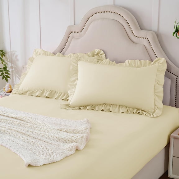 JJEAN-2-Pieces Ruffle Pillow Case & Fitted Sheet Set, Cream Twin Sheets with Ruffled Pillow Shams, 15 Inch Deep Pocket, Cute & Coquette Microfiber Bed Set for Decorating Bedroom Hotel