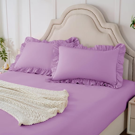 JJEAN-2-Pieces Ruffle Pillow Case & Fitted Sheet Set, Lavender Twin Sheets with Ruffled Pillow Shams, 15 Inch Deep Pocket, Cute & Coquette Microfiber Bed Set for Decorating Bedroom Hotel