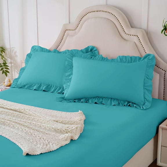 JJEAN-2-Pieces Ruffle Pillow Case & Fitted Sheet Set, Teal Blue Twin Sheets with Ruffled Pillow Shams, 15 Inch Deep Pocket, Cute & Coquette Microfiber Bed Set for Decorating Bedroom Hotel