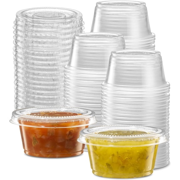 JJEAN-(2 oz - 200 Sets) Clear Diposable Plastic Portion Cups With Lids, Small Mini Containers For Portion Meal Prep, Sauce Cups, Slime, Condiments, Medicine, Dressings, Crafts, Disposable Souffle Cup