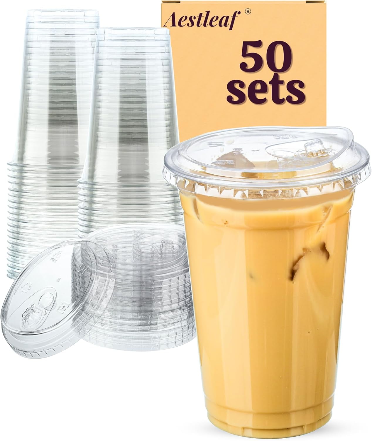JJEAN-20 oz Clear Plastic Cups with Lids, 50 Sets Disposable Plastic Iced Coffee Cups with Strawless Sip-Lids, To Go Coffee Cup for Smoothie, Milkshake, Cold Drinks