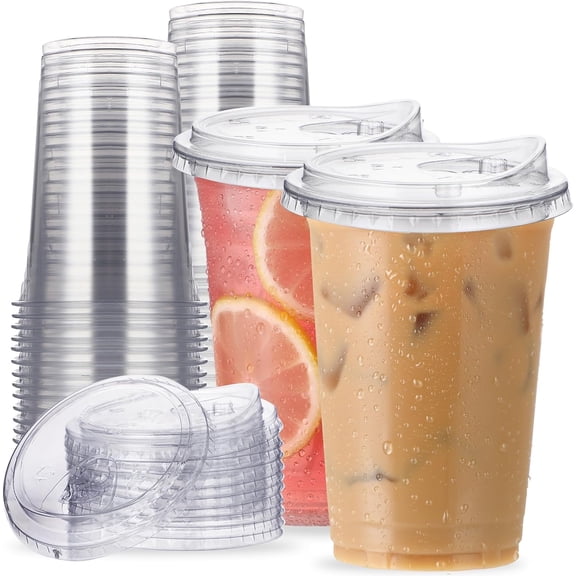 JJEAN-20 oz Clear Plastic Cups with Strawless-Sip-Lids, 25 Sets Disposable Cup Plastic Iced Coffee Cups, To Go Cup with Sip Through Lids for Smoothie, Milkshake, Cold Drinks for Party, Wedding, Event