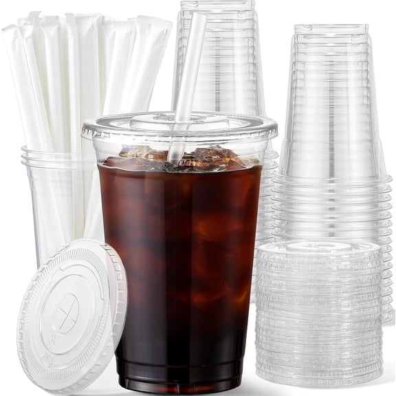 JJEAN-20 oz Plastic Cups with Lids and Straws, 50 Pack, Disposable Iced Coffee Cups with Lids for Cold Drinks, Iced Tea, Milkshakes, Smoothies - Durable & BPA Free