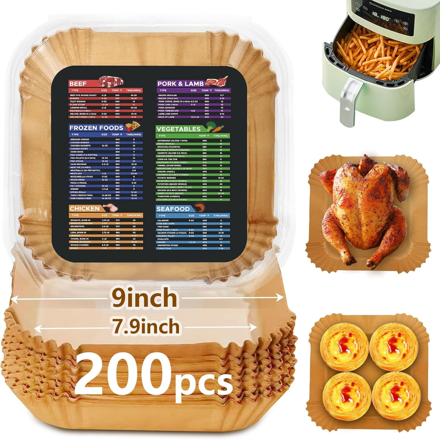 JJEAN-200PCS Air Fryer Liners Disposable: Square 7.9 Inch Non-Stick Airfryer Paper Liners - Food Grade Parchment Paper for 5 6 7 8 QT Air Fryer Baking and Roasting - Waterproof and OilProof (9 Inch o