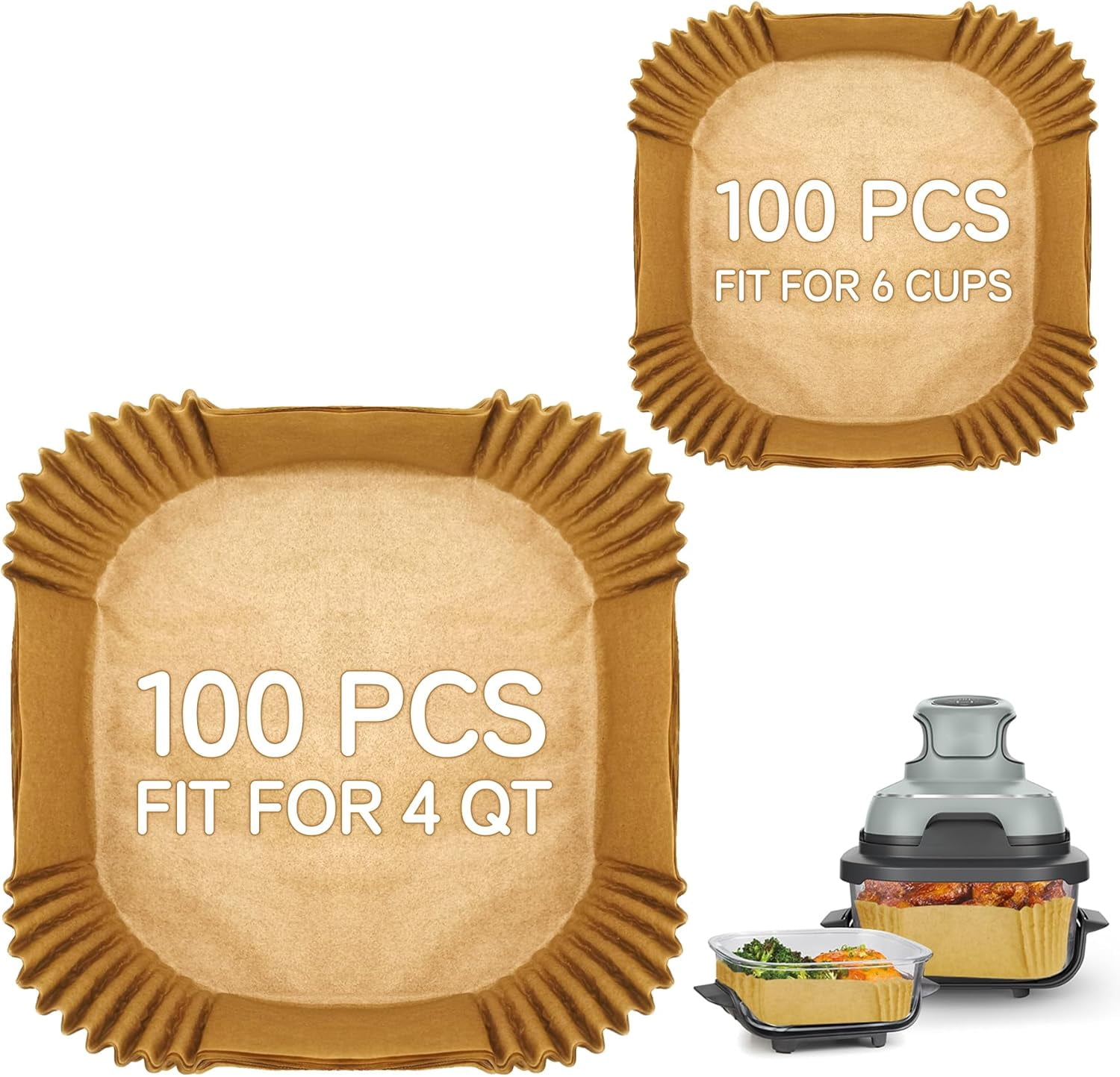 JJEAN-200PCS Air Fryer Liners for Ninja Crispi - FN101, Disposable Parchment Paper Liners - 100 Large (4QT) & 100 Small (6-Cup), Non-Stick, Square, Bleach-Free Accessories