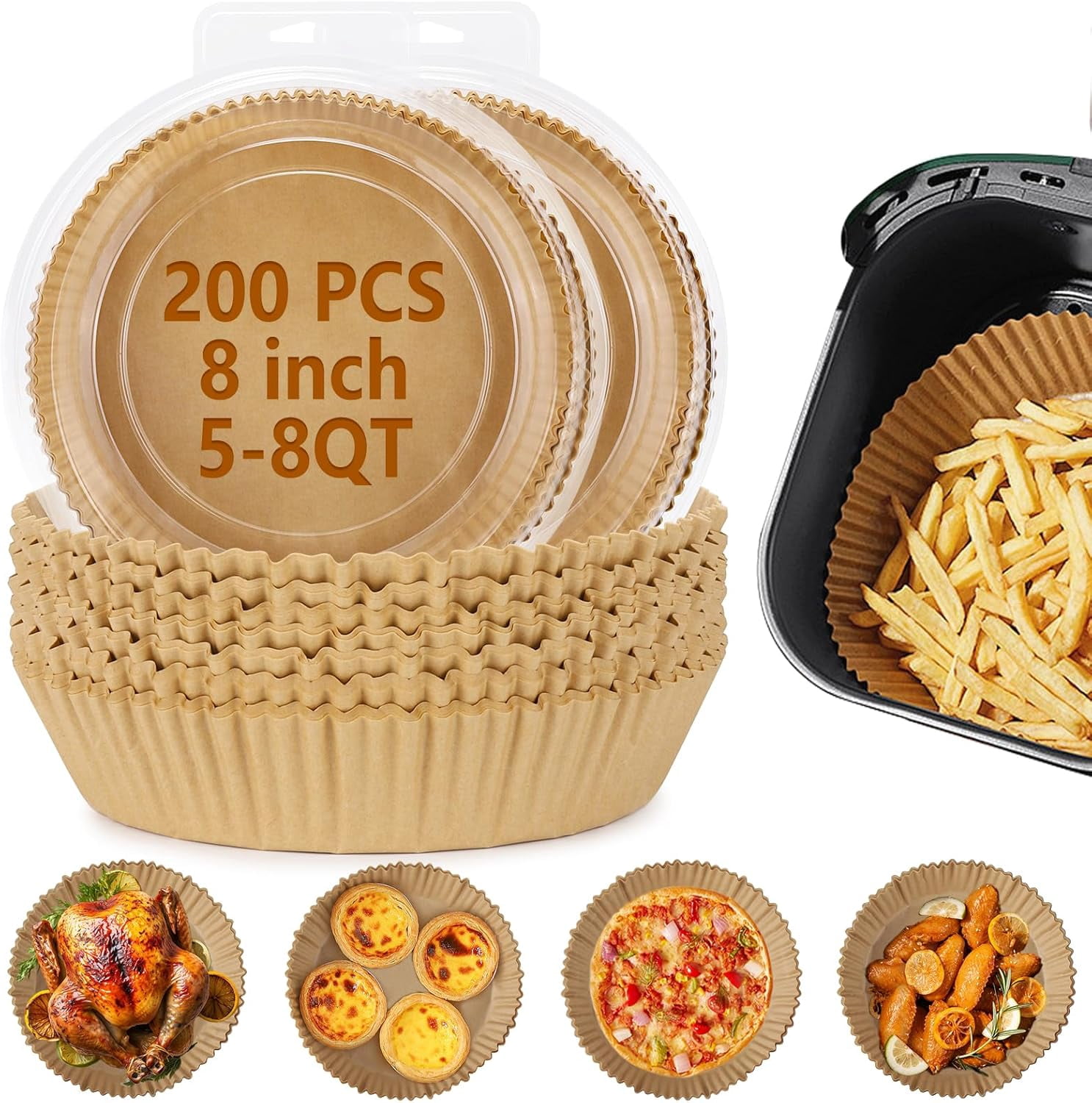JJEAN-200Pcs 8” Air Fryer Disposable Paper Liner, Round Non-Stick Liners Parchment Paper for 5-8 QT Air Fryer Baking Roasting Microwave