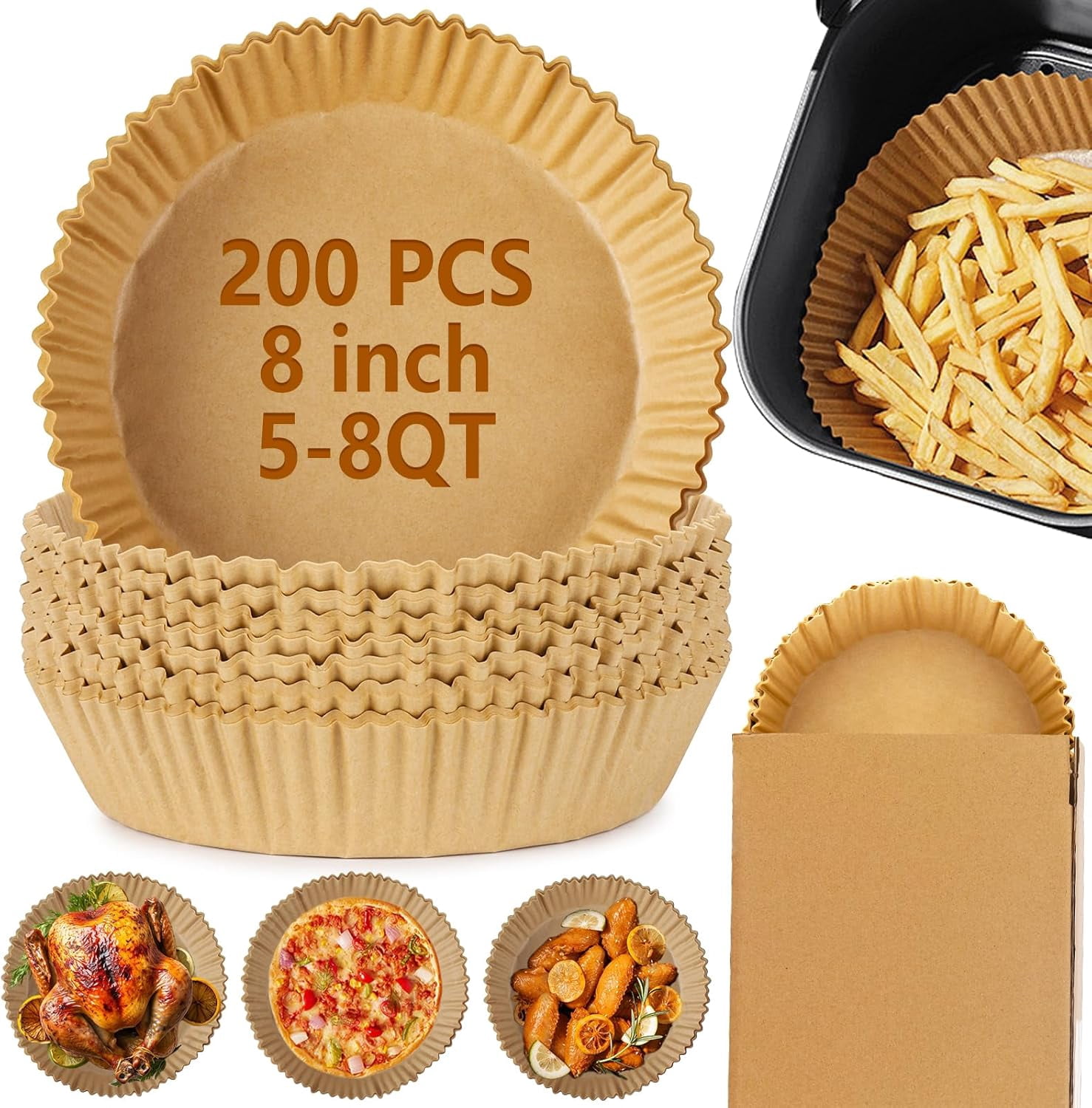 JJEAN-200Pcs Air Fryer Disposable Paper Liner, 8 Inch Round Non-Stick Air Fryer Liners Parchment Paper for 5-8 QT Air Fryer Baking Roasting Microwave
