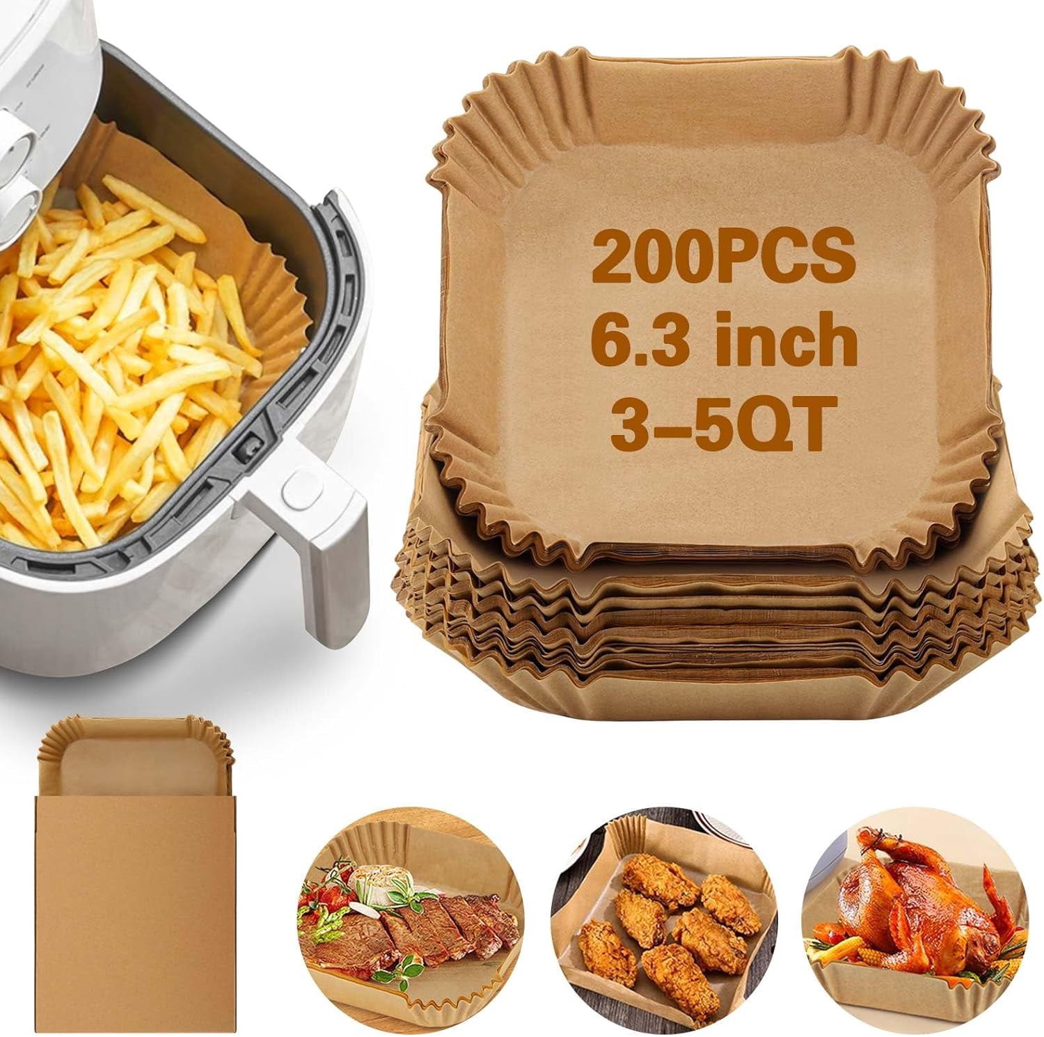 JJEAN-200Pcs Air Fryer Paper Liners, 6.3 Inch Square Disposable Air Fryer Liner, Non-stick Parchment Paper for Frying Baking Roasting Microwave Oven