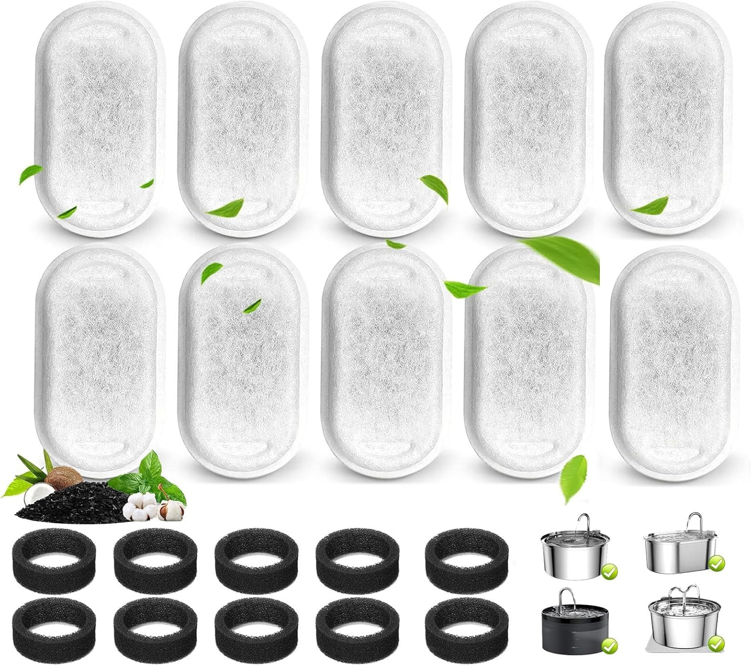 JJEAN-20PCS Cat Water Fountain Filter, 10 Pack Cat Fountain Filter Replacement with 10 Sponges, for 108oz/3.2L & 67oz/2L Stainless Steel Pet Water Dispenser