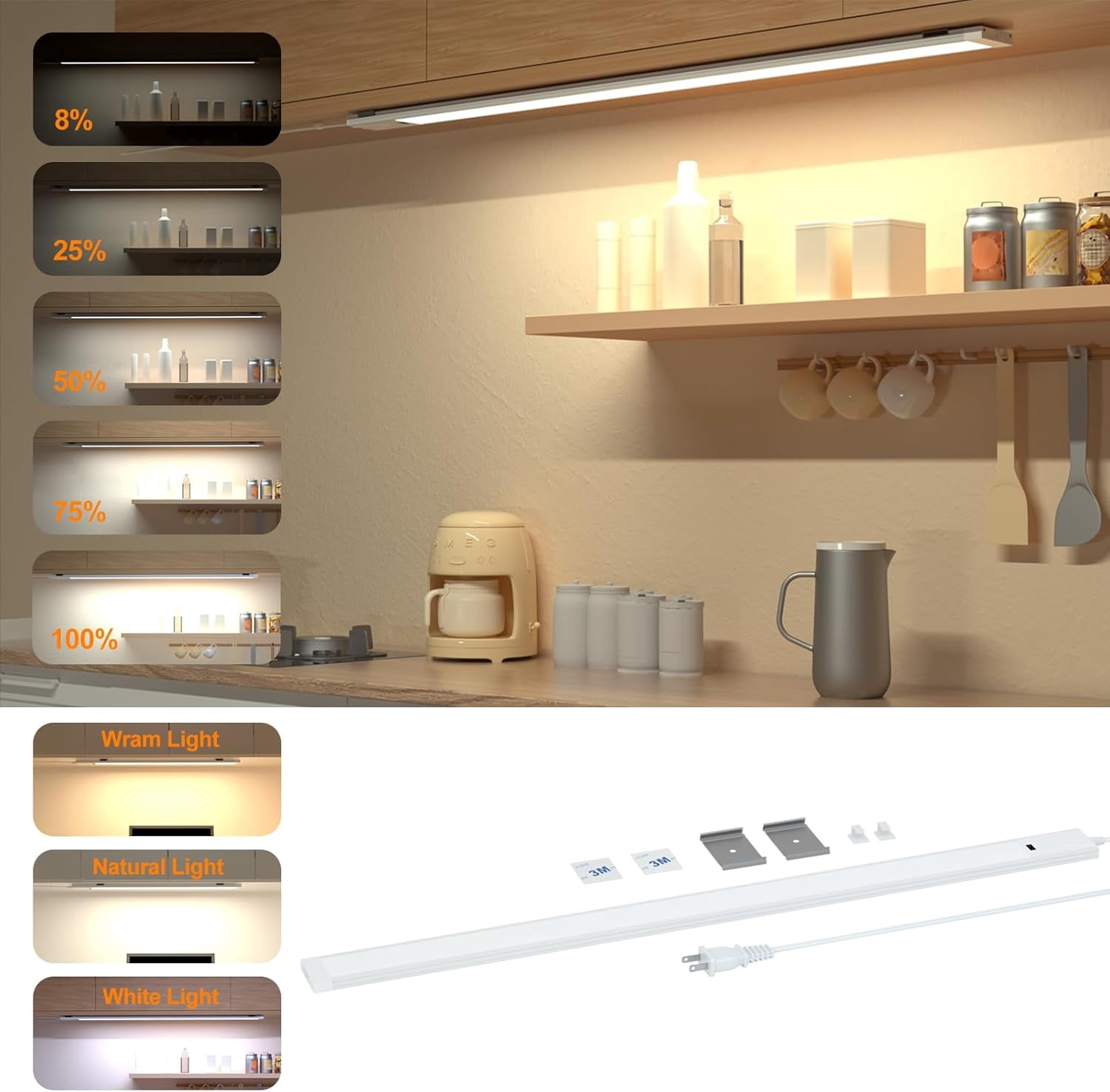 JJEAN-21 Inch Hand Wave Under Cabinet Lights, Ultra Bright 3000K/4000K/6000K Under Counter Lighting, Plug and Play, Dimmable LED Under Cabinet Lighting for Kitchen Cabinet, Cupboard, Closet, Desk (1
