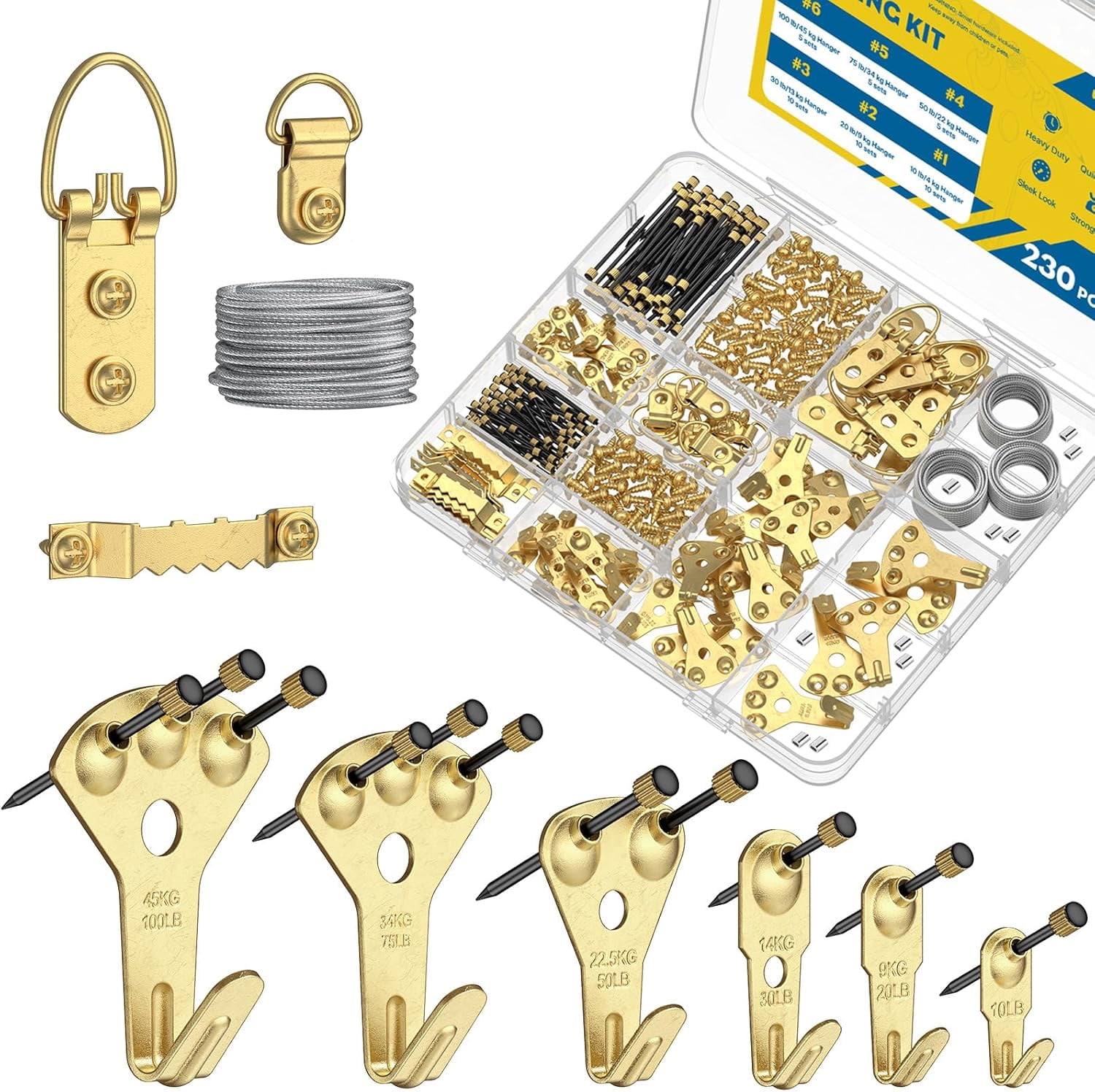 JJEAN-230 Pcs Picture Hanging Kit, 10 lb, 20 lb, 30 lb, 50 lb, 75 lb, 100 lb Heavy Duty Picture Hooks with Nails, D Ring Picture Hangers Sawtooth Picture Hangers & Picture Hanging Wires with Screws