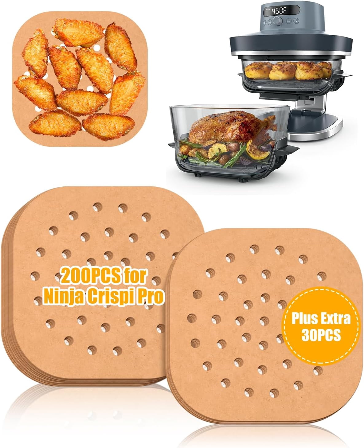 JJEAN-230PCs Air Fryer Liners Perforated for Ninja Crispi Pro 6-in-1 Glass Air Fryer AS101, Nonstick Food-grade Square 200PCs Disposable Parchment Paper Sheets Accessories Plus Extra 30PCs for Baking