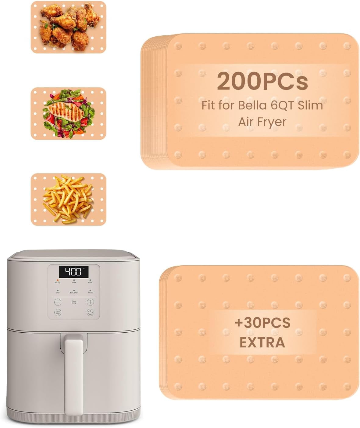 JJEAN-230PCs Air Fryer Paper Liner Perforated for Bella 6Qt(5lb) Slim Air Fryer Accessories Includes 200PCs Food Grade Disposable Parchment Paper Sheets and 30PCs Extra Pack, Non-Stick Oilproof Easy