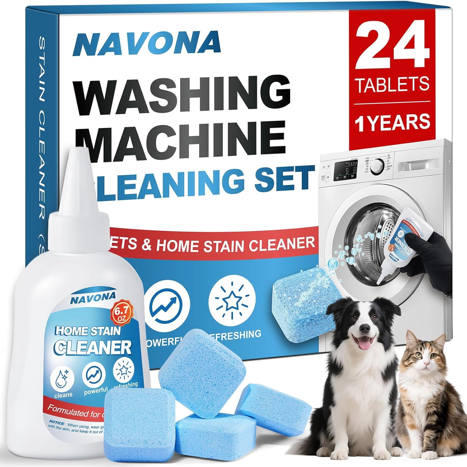 JJEAN-24 Pack Washing Machine Cleaner Tablets, Washer Cleaner Tablets Pro Set with Stain Remover Gel, Deep Cleaning for Odor, Limescale & Pet Hair, Works for Front Load & Top Load Washers