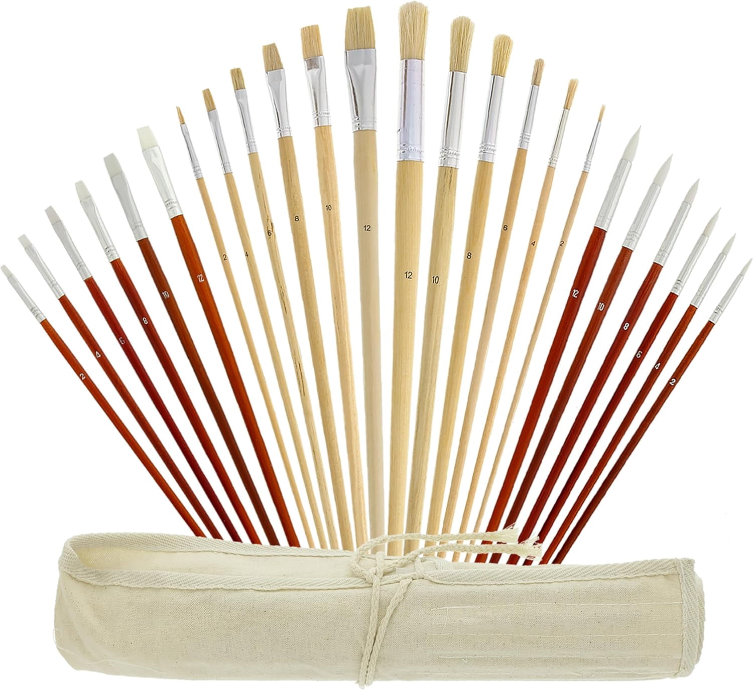 JJEAN-24-Piece Oil & Acrylic Artist Paint Brush Set with Long Handles, Canvas Brush Organizer Holder Roll-Up - Round, Flat Tips, Use for Painting Portraits, Canvas, Paper - Students, Adults