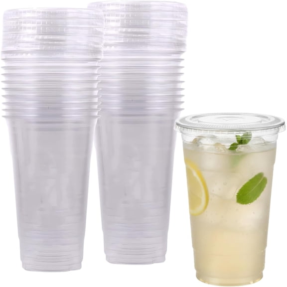 JJEAN-[24 oz - 24 Pack] Large Clear Plastic Cold Drink Cups With Flat Slotted Lids For Iced Coffee Tea Smoothie Slush Bubble Boba BPA Free