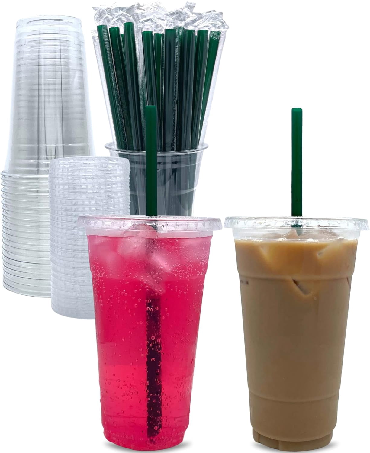 JJEAN-24 oz Clear Plastic Cups with Lids and STRAWS, Disposable Party Cups for To Go Iced Coffee Cold Drinks, Smoothie, Juice, Parfait, Frappuccino, Milkshake. No Leaking Fruit Cup, 25 Sets