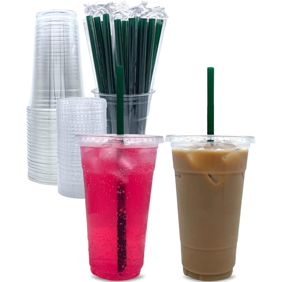 JJEAN-24 oz Clear Plastic Cups with Lids and STRAWS, Disposable Party Cups for To Go Iced Coffee Cold Drinks, Smoothie, Juice, Parfait, Frappuccino, Milkshake. No Leaking Fruit Cup, 25 Sets
