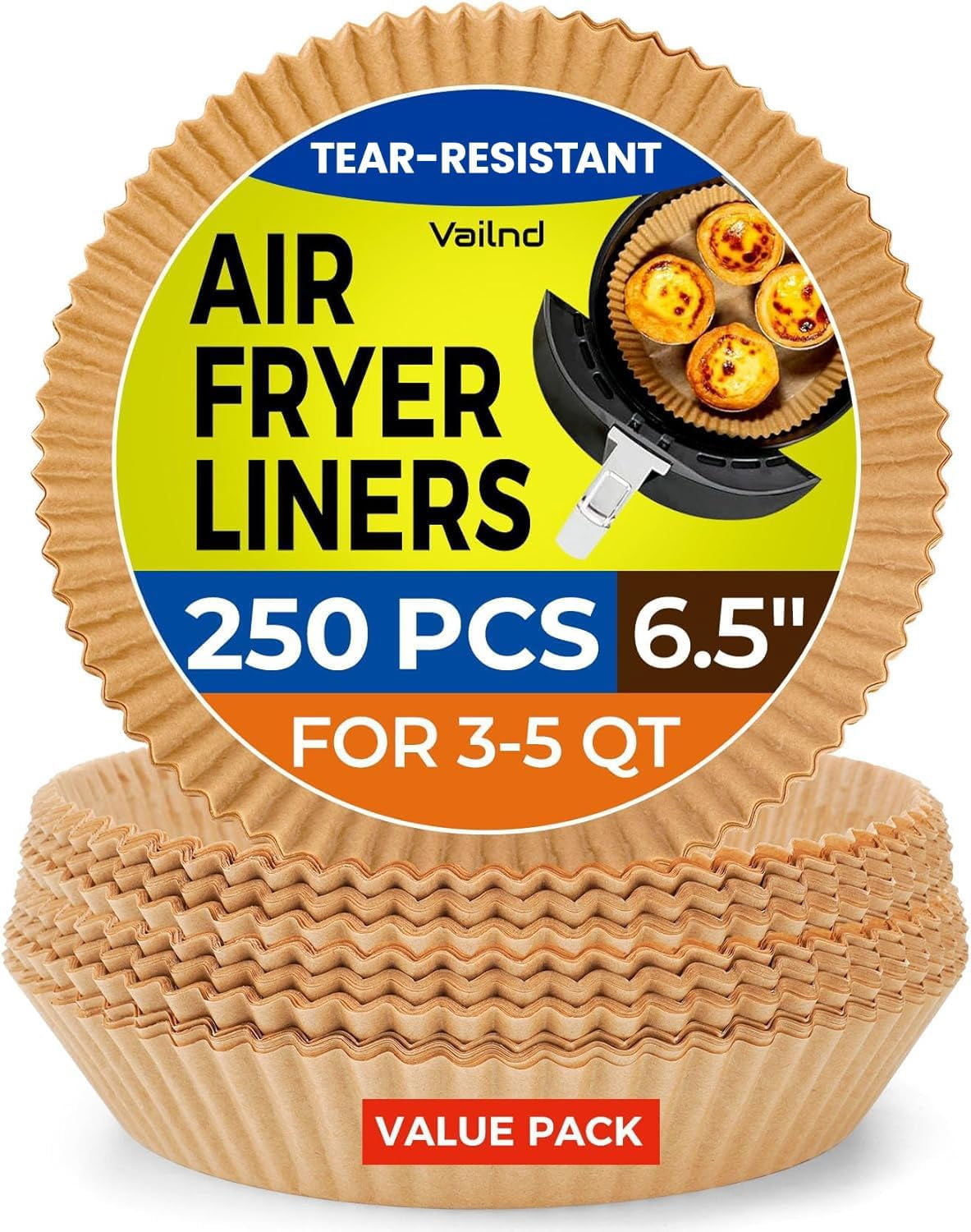JJEAN-250 Pcs Air Fryer Liners Disposable, 6.5" Round Unbleached Parchment Paper Sheets for Airfryer Basket, Non-Stick & Leakproof Baking Liners for Oven Pan