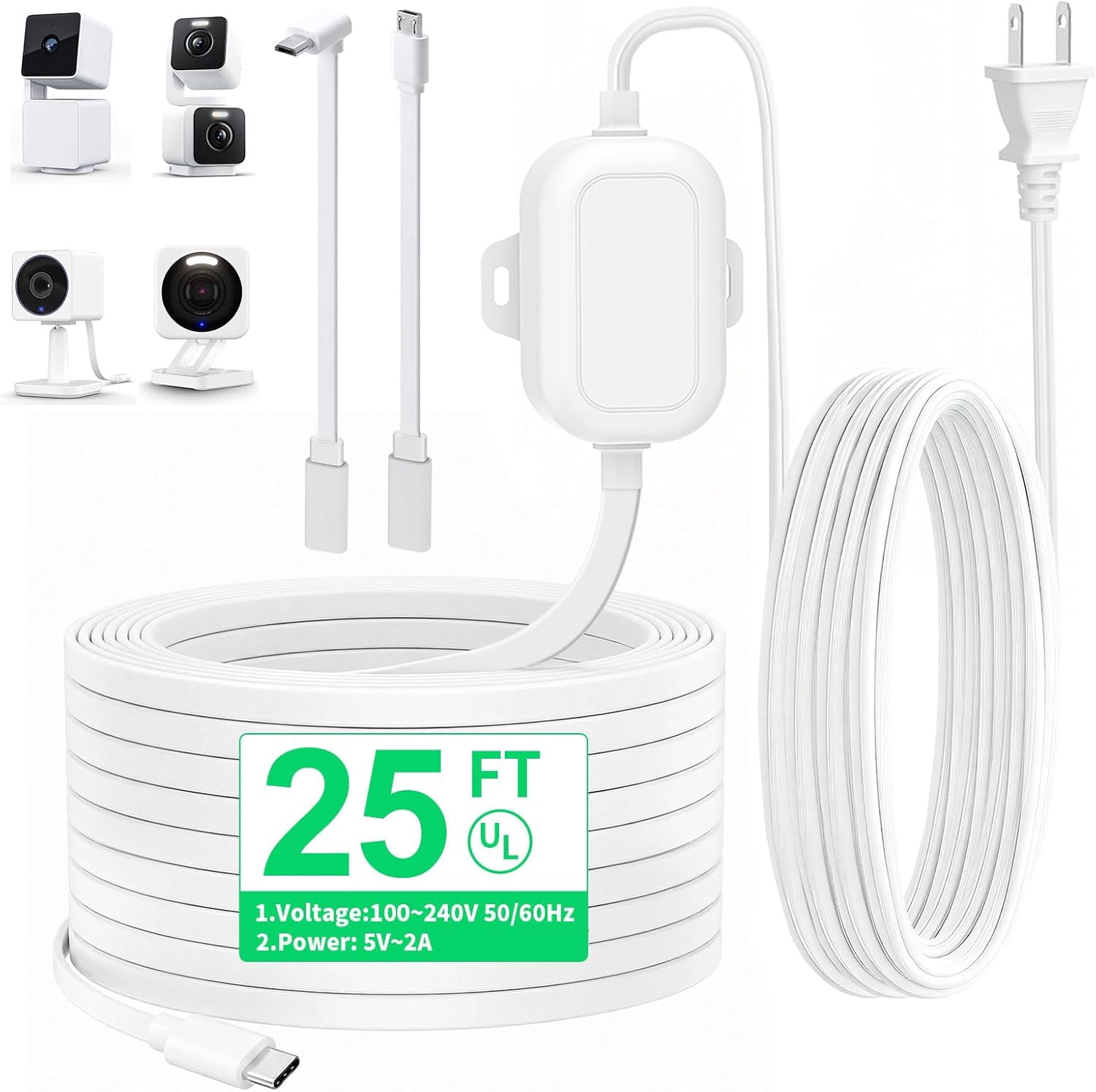 JJEAN-25FT Outdoor Power Adapter for WYZE Pan V3/ V4/ Duo Cam Pan, Cam V4/ V3/ Cam OG, IP67 Waterproof White Outdoor Extension Cord Flat Charging Cable for WYZE Camera (L-Shaped Micro-USB Cable Inclu