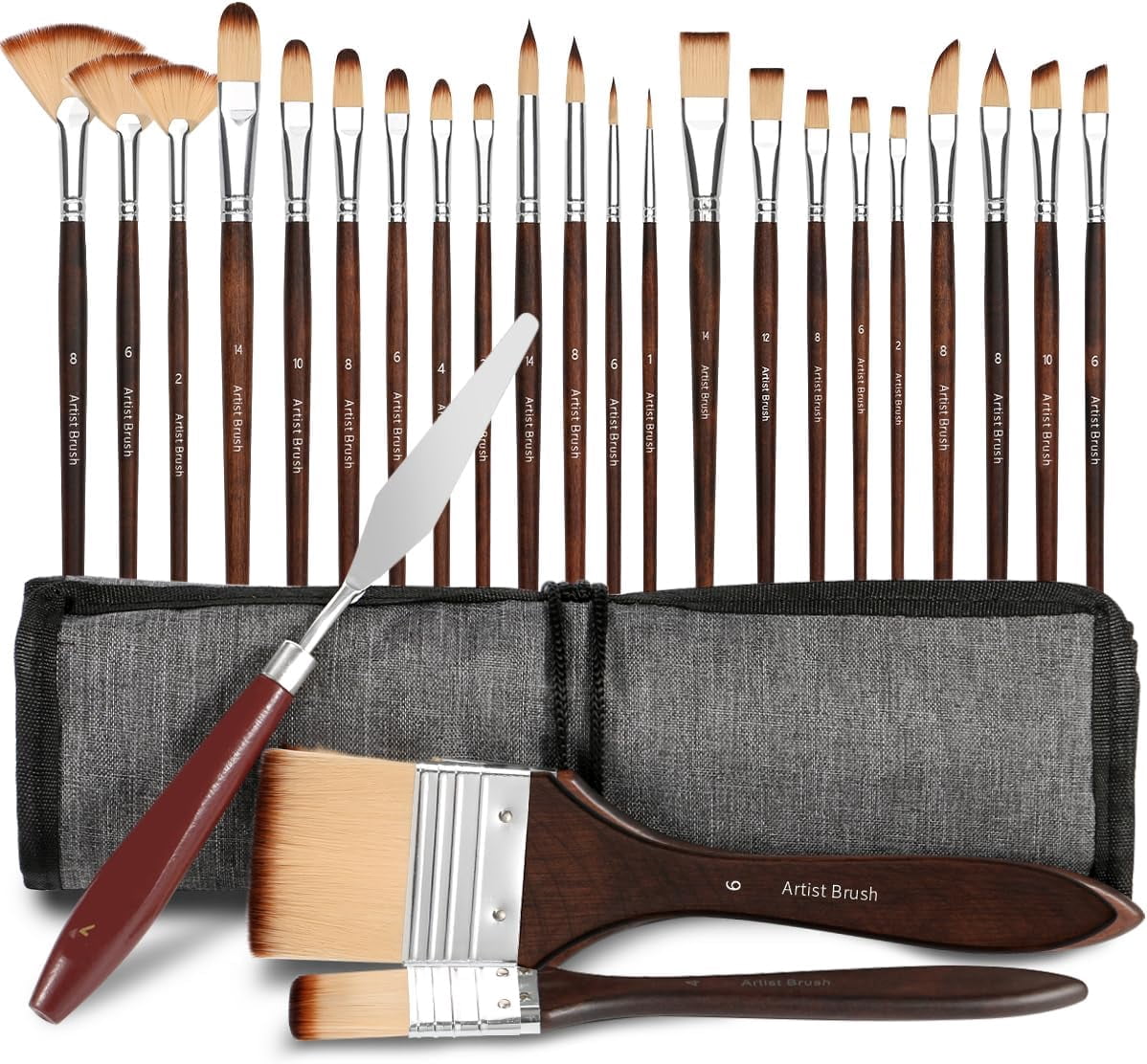 JJEAN-25pcs Paint Brush Set,Professional Artist Paintbrush kit with Flat, Filbert, Fan, Dagger, Cat Tongue, Round, Angle, Spatula,Rigger for Oil, Acrylic Canvas Paintings, Body Face Painting (A)