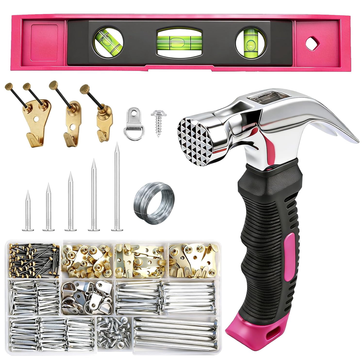 JJEAN-281PCS Picture Hanging Kit,Hammer and Nails Set with Hooks, D Ring,Wire, Wall Hanging Kit,Magnetic Level and Small Claw Hammer Mirror Hanging Kit with Heavy Duty Picture Hanging