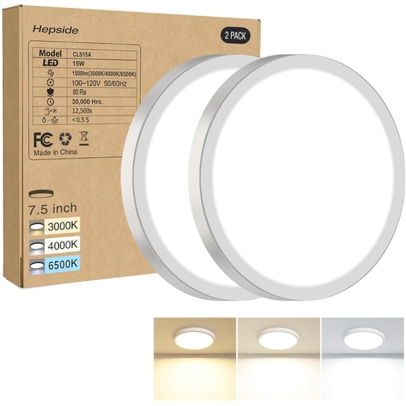 JJEAN-2PACK LED Flush Mount Ceiling Light, 3000K-4000K-6500K & 100W Equivalent Modern Kitchen Recessed Ceiling Lamp 15W 1500Lm 7.5 Inch for Bathroom Closet Laundry Bedroom, White