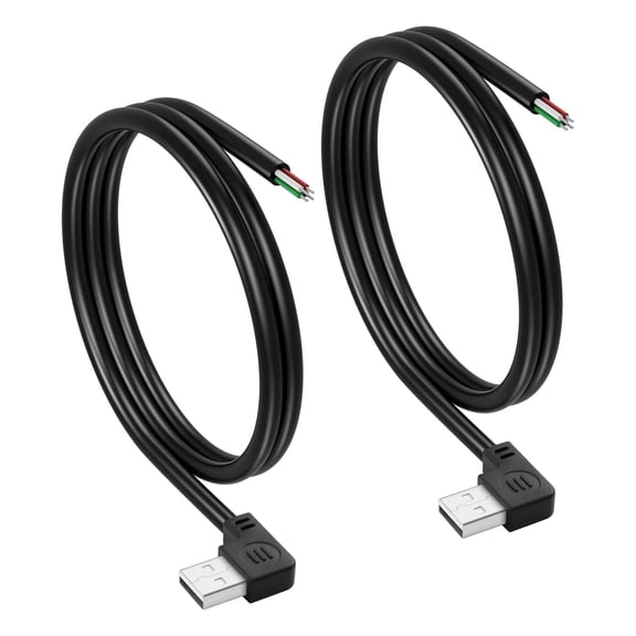 JJEAN-2PCS Short USB A Male 4 Pin Bare Wire,Left Angle 24AWG USB 2.0 Male Plug to Bare Wire Open End Power and Data Replacement Repair Extension Cable-0.5M/1.6FT