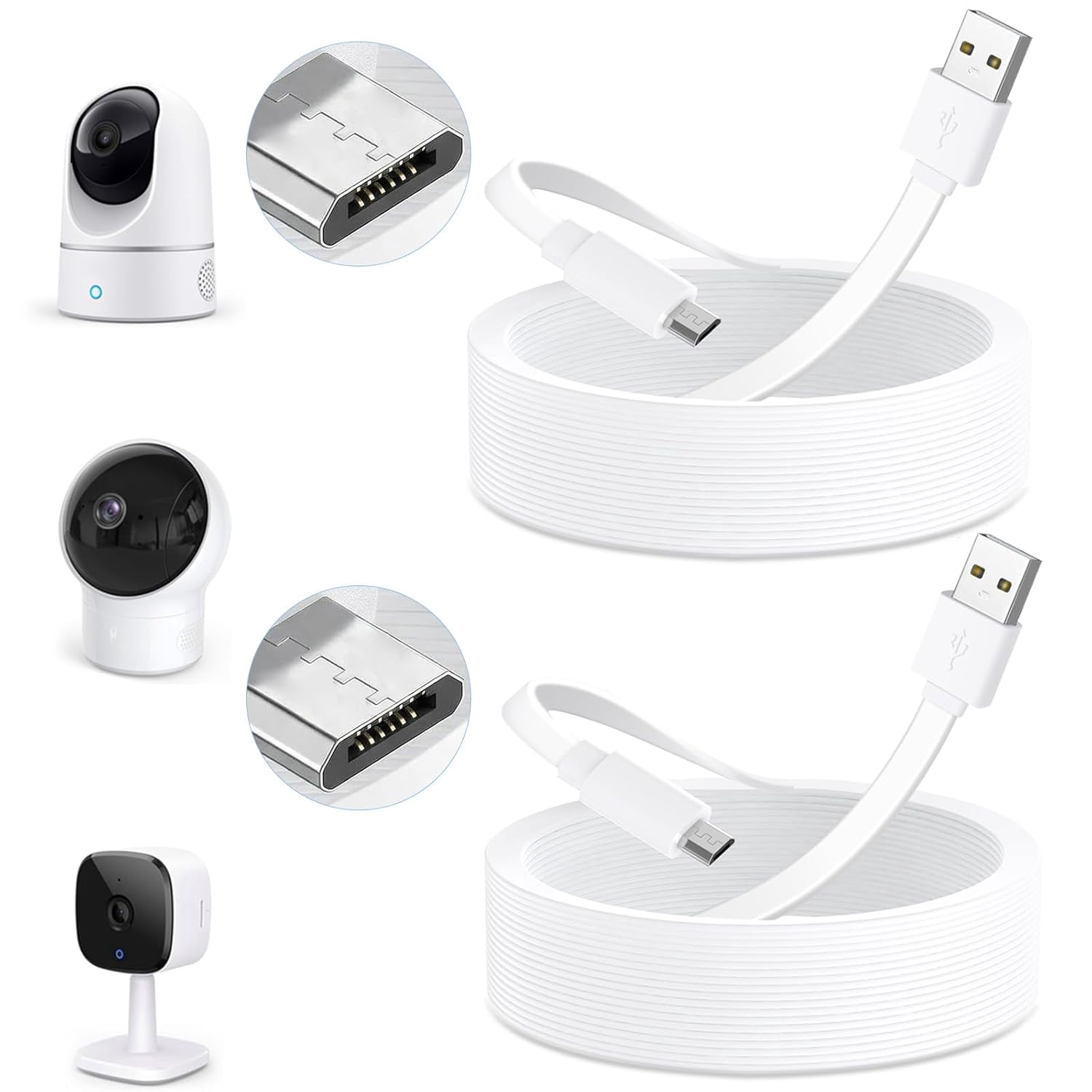 JJEAN-2Pack 25ft Micro USB Extension Cable Compatible with eufy Security Indoor Cam E220/P24, Flat Power Cable for eufy Security Indoor Cam C120, Weatherproof Charging Cord with 24* Cable Clips
