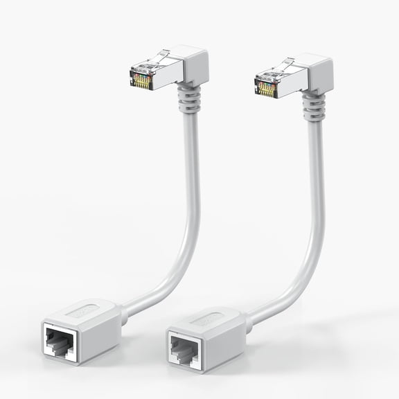 JJEAN-2Pack 90 Degree CAT6 Ethernet Extension Cable White Short Cat 6 Cable Extender Right Angle -Down Angle, RJ45 Network Patch Cord Adapter