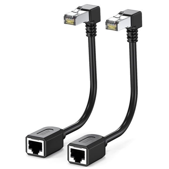 JJEAN-2Pack Cat6 Extension Cable 90 Degree 10cm-4inch,CAT 6 Ethernet Extender Right Angle RJ45 Network Patch Cord Male to Female Adapter Downward Angle
