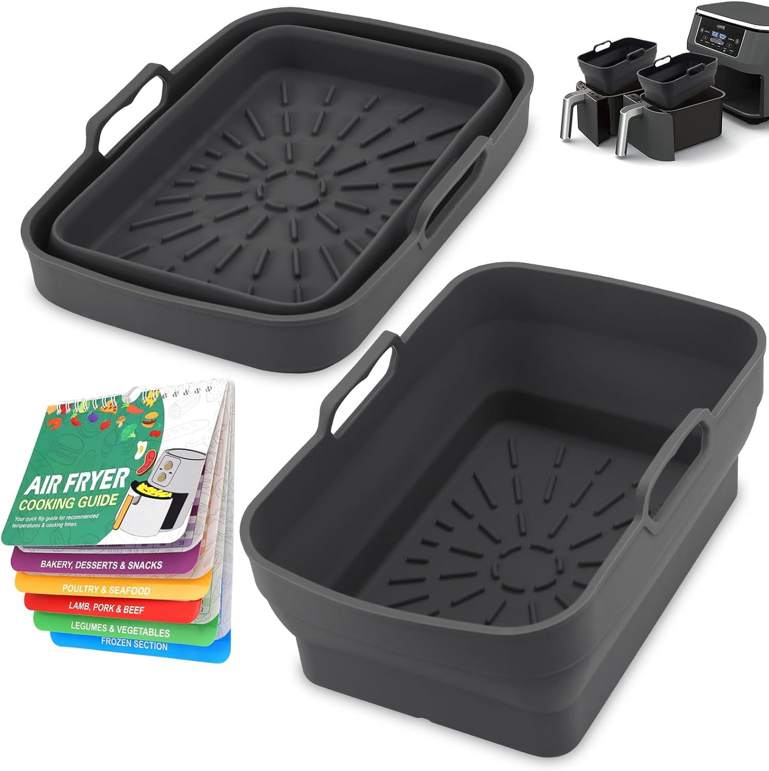 JJEAN-2Pcs Air Fryer Silicone Liners for Ninja SL401 /DZ201/ DZ401/ DZ550 8-10 QT, Reusable Liners for COSORI, Chefman, Instant Air Fryer, Silicone Air Fryer Basket Liners with Magnetic Cheat Sheet,
