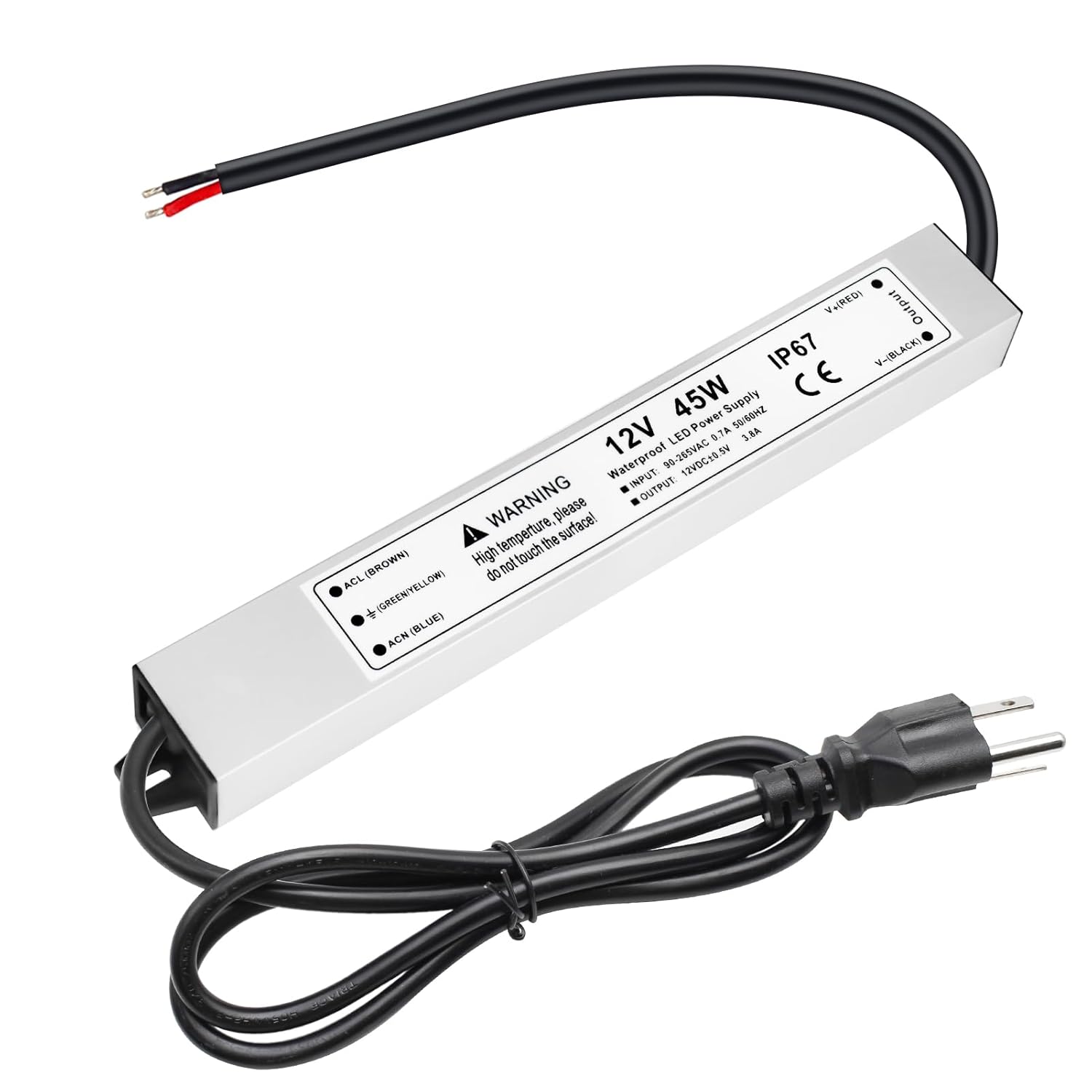 JJEAN-3.8A 45W 12 Volt LED Power Supply, 110V AC to 12V DC Converter, Waterproof IP67 Driver Low Voltage Transformer Power Adapter for Indoor Outdoor LED Lights
