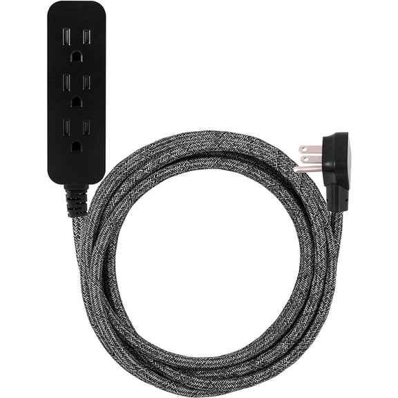 JJEAN-3-Outlet Power Strip Extension Cord with Multiple Outlets 15 Ft Braided Long Cord, Grounded Flat Plug, ETL Listed Gray 50012