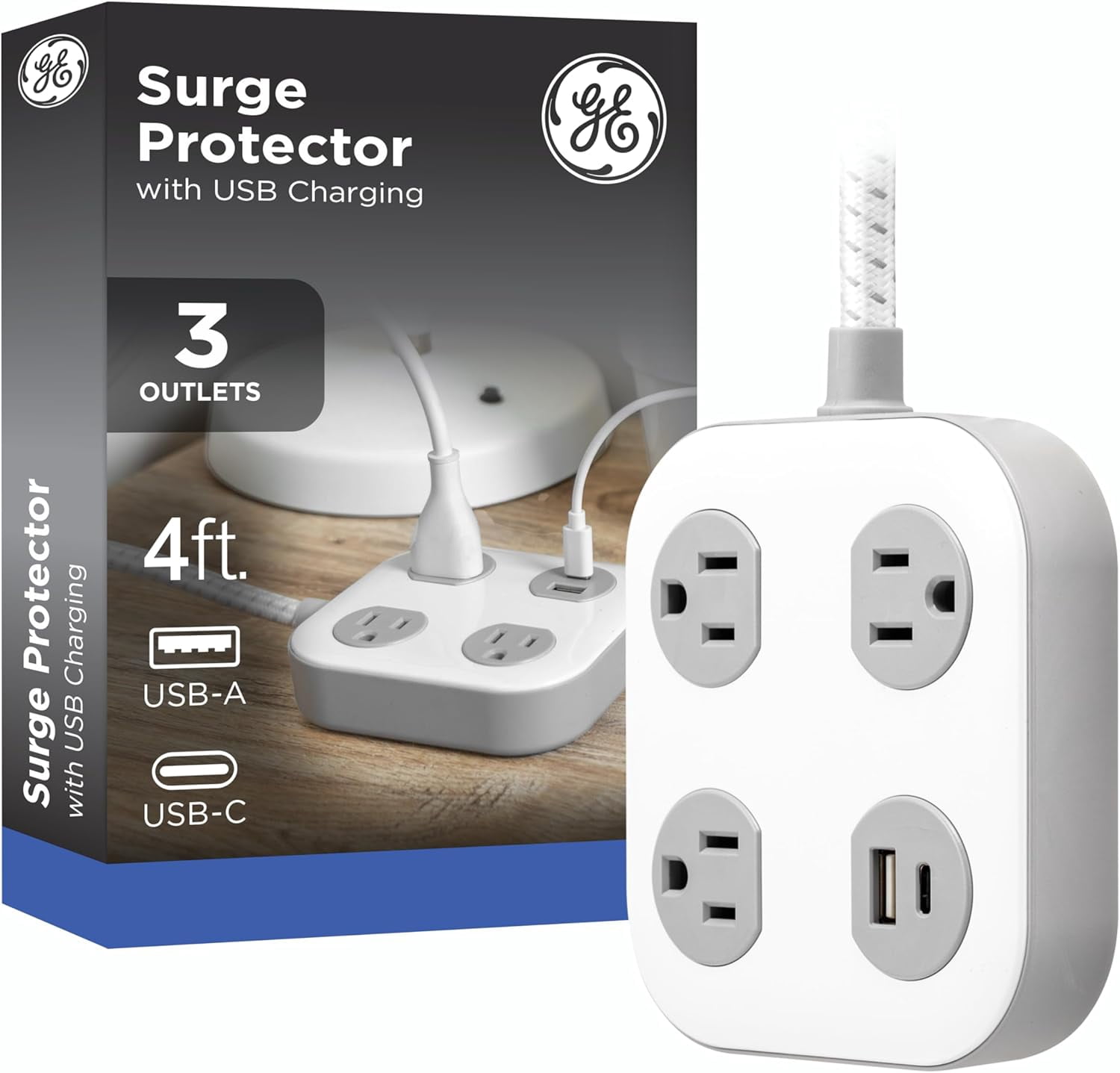 JJEAN-3-Outlet Surge Protector with USB, 245 Joules, 1 USB-A & 1 USB-C Port, 4ft Braided Extension Cord, Flat Plug, Adapter-Spaced Outlets, ETL Certified, White/Gray, 85874