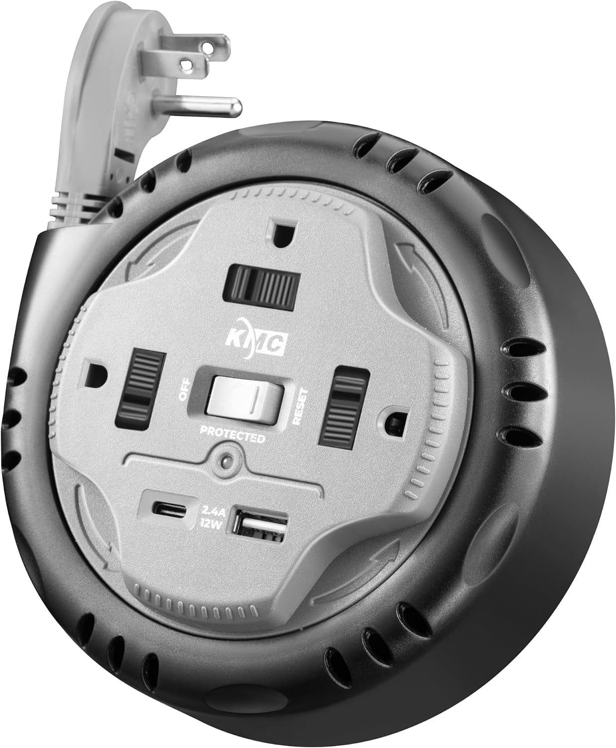 JJEAN-3-Outlet Surge Twist Cord Reel, USB-C & USB-A Ports, Retractable Power Strip Surge Protector, 735J Surge Protection, 5ft Retractable Extension Cord, 3-Prong Flat Plug, UL/ETL Certified, Gray